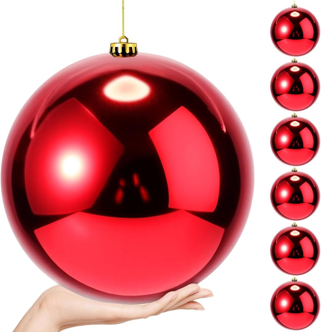 Zubebe 6 Pcs 8" Extra Large Outdoors Christmas Balls Ornaments Jumbo Oversized Christmas Tree Decorations Giant Hanging Xmas Plastic Balls Ornaments for Lawn Yard Decoration (Red)