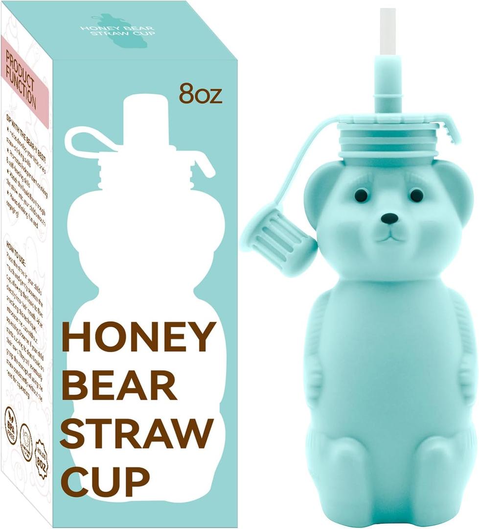 Mootikar Honey Bear Silicone Straw Cup, Babies Water Drinking Cup, 8-Ounce Therapy Sippy Bottles for Speech and Feeding Training, BPA Free & Dishwasher Safe (AQUA)