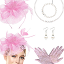 1920s Vintage Fascinators Hat Set for Women Tea Party Hats Veil Mesh Feather Headband Lace Gloves Set