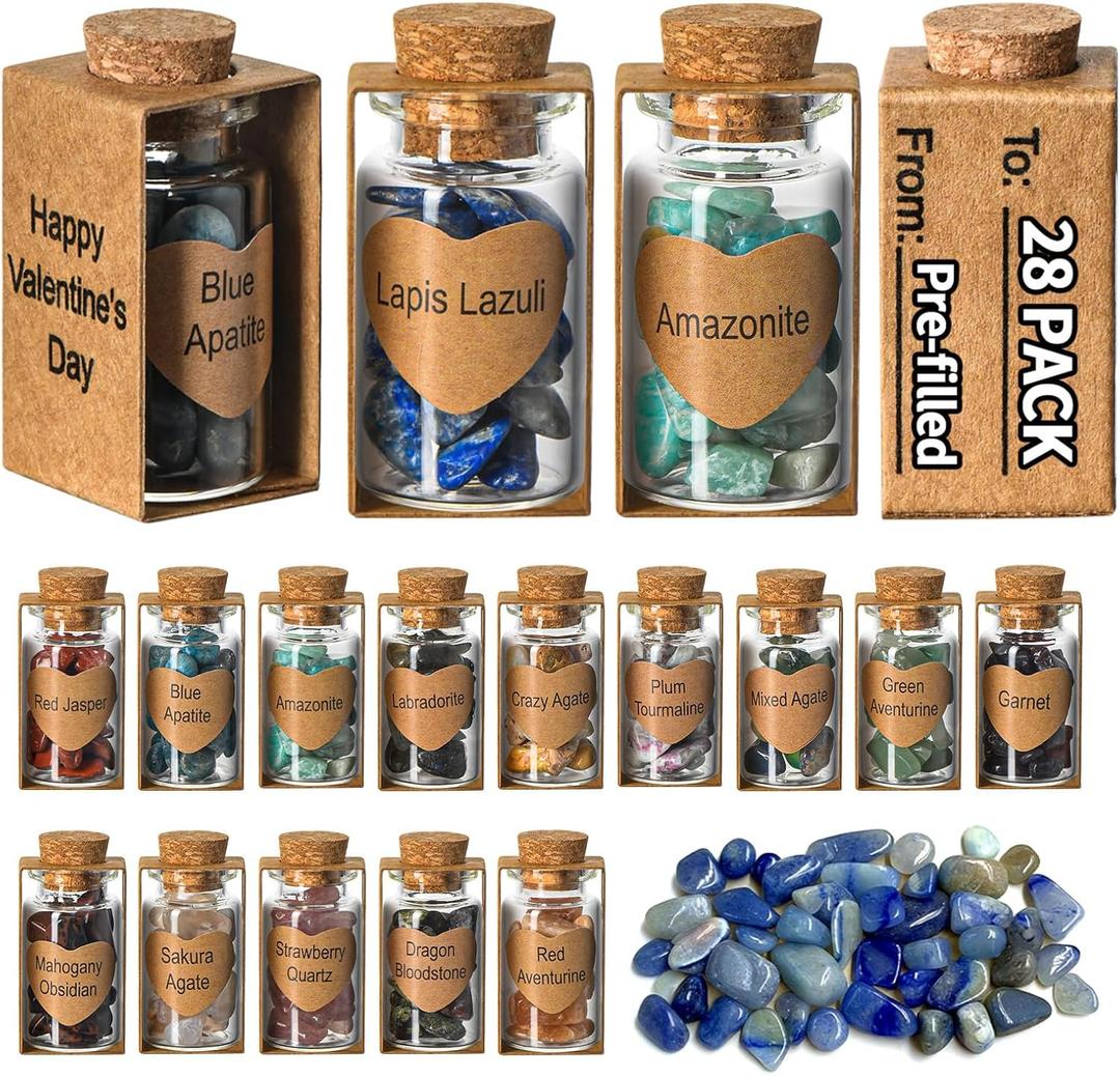 28 Pack Prefilled Valentines Day Gifts for Kids - Crystal Gemstone Chip Bottles and Valentines Day Cards for Kids School Classroom Class Exchange Boys Girls Bulk Prizes Party Favors