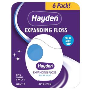Hayden Expanding Dental Floss. Expands To Clean Between Tight Teeth. 6 Pack Value. Fresh Feeling Polar Mint Woven Floss. Anti Tartar Actives for Gentle Care. 180 Yards. Expandable Clean. PFA Free.