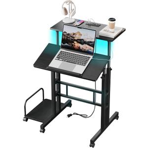 Dripex Mobile Standing Desk with Power Outlets & Strip Lights, Rolling Small Desk, Adjustable Height Laptop Table with Wheels, Portable Sit-Stand Workstation for Home Office