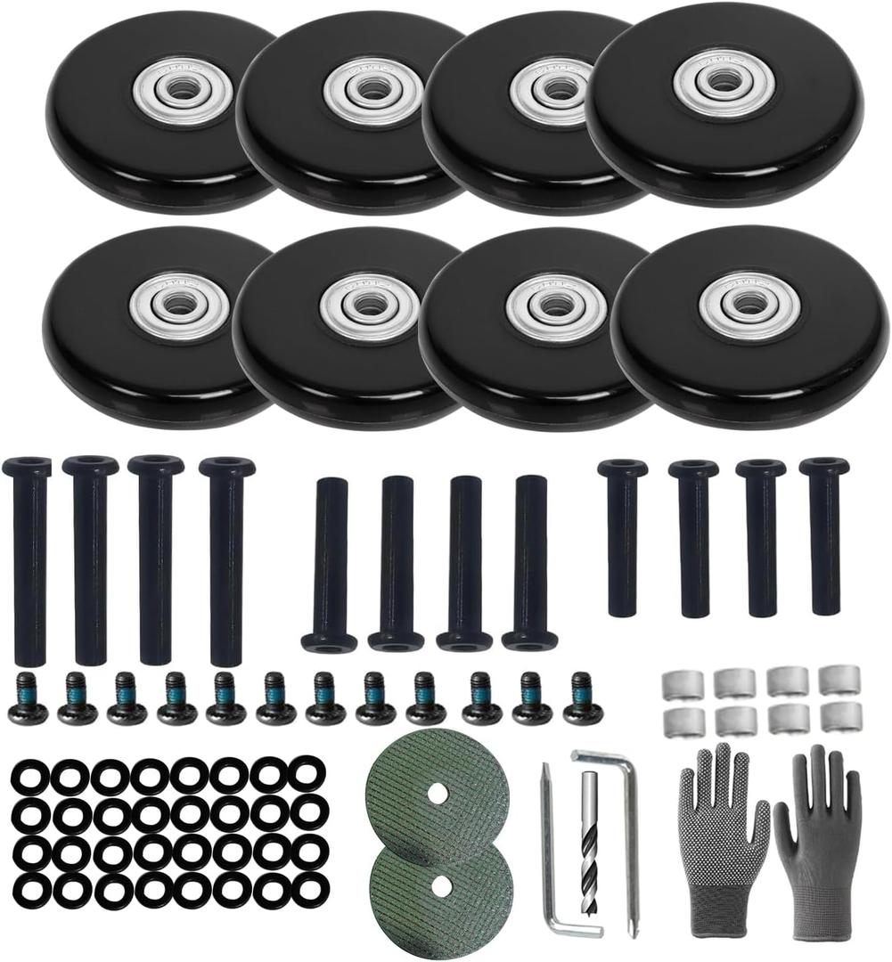 Luggage Suitcase Replacement Wheels 1.97inch(50mm) Diameter 8 Pcs 0.55inch(14mm) Thickness Wheel with 3 Sizes Axle Wear-Resistant Mute Rubber Swivel Caster Repair Kits for Trolley Bag Travel Box