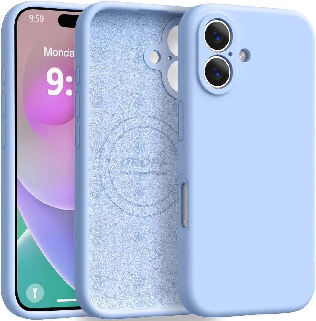 Magnetic for iPhone 16 Case [Compatible with Magsafe] [Premium Silicone Satin-Smooth Touch] Slim Shockproof Anti-Scratch Microfiber Lining Case, 6.1 inch, Light Blue
