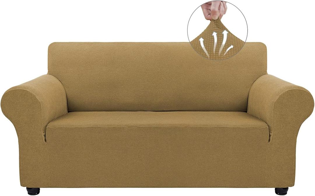 Asnomy Sofa Covers for 2 Cushion Couch Stretch loveseat Covers Slipcovers, Pet Protector Furniture Covers for Dogs Cats Spandex Jacquard Fabric Small Checks (Medium, Light Brown）