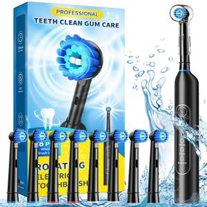 TEETHEORY Rotating Electric Toothbrush for Adults with 8 Brush Heads, Sensitive Gum Care Electric Toothbrush with 3 Modes and 2 Min Smart Timer, Rechargeable Last 60 Days (Black, 1 Count)