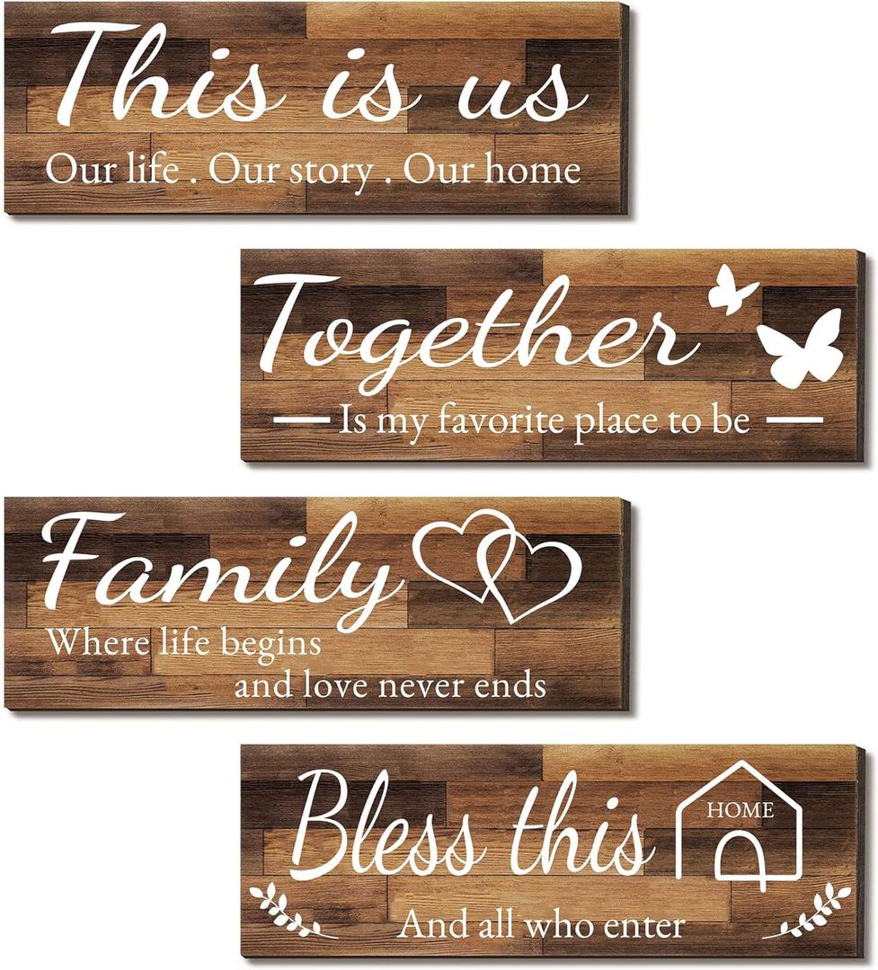 4 Pieces Home Wall Signs, THIS IS US/TOGETHER/BLESS THIS HOME/FAMILY Wall Decor For Living Room Bedroom, Rustic Wooden Farmhouse Wall Art , 4.7 x 13.8 Inch (Brown)
