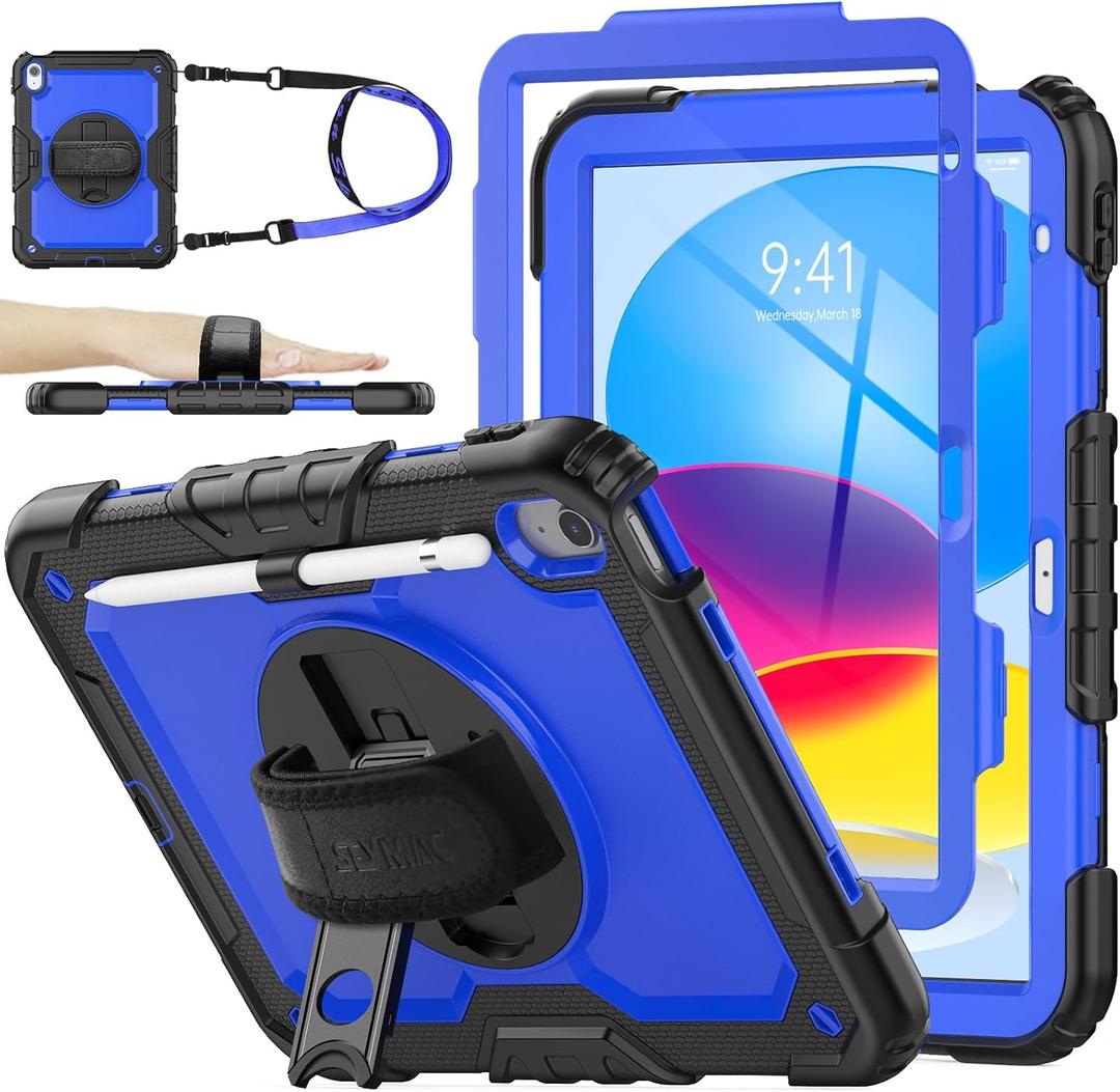 SEYMAC stock Case for iPad (A16) 11th/10th Generation 11''/10.9'' 2025/2022, Full-Body Drop Protection Case with Screen Protector &360 Rotate Hand Strap/Stand, Blue+Black