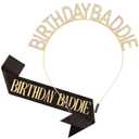 Aprince Birthday Baddie Sash and Tiara Crown for Women Girls Black Gold Happy Birthday Headband Accessiores Party Decorations