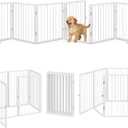 Vantas Folding No-Assembly Metal Pet Gate 120" Wide, 24" Extra Tall Dog Gate with Door Walk Through, Freestanding Accordion Puppy Gate Dog Door for Indoor & Outdoor, with 2PCS Support - White