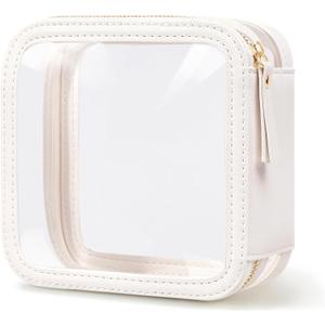 Clear Makeup Bag Travel Size Toiletry Bag Organizer Case Quality PU Leather Transparent Small Cosmetic Bag Car Bag for Essentials with Durable Zipper (White)