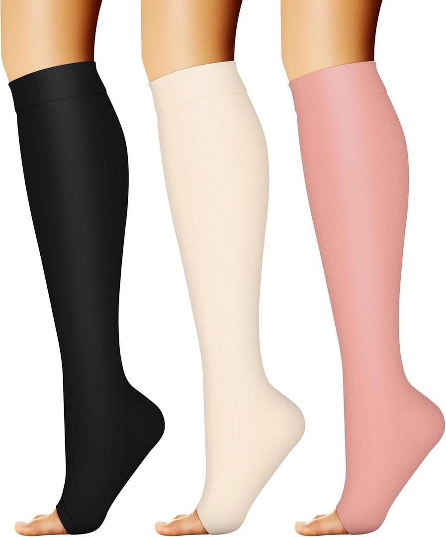 CHARMKING 3 Pairs Open Toe Compression Socks for Women & Men Circulation 15-20 mmHg is Best Support for All Day Wear (XX-Large, 14 Black/Pink/Yellow)