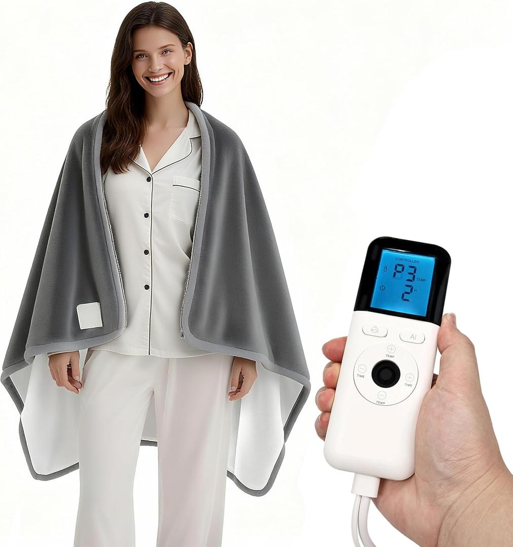 Heated Wearable Shawl 33x59 Inch, 6 Heating Levels & 5 Timer Settings, Soft Sherpa to Fleece, UL Certified with Auto Shut Off, Machine Washable Gift for Christmas Home Office (Gray)