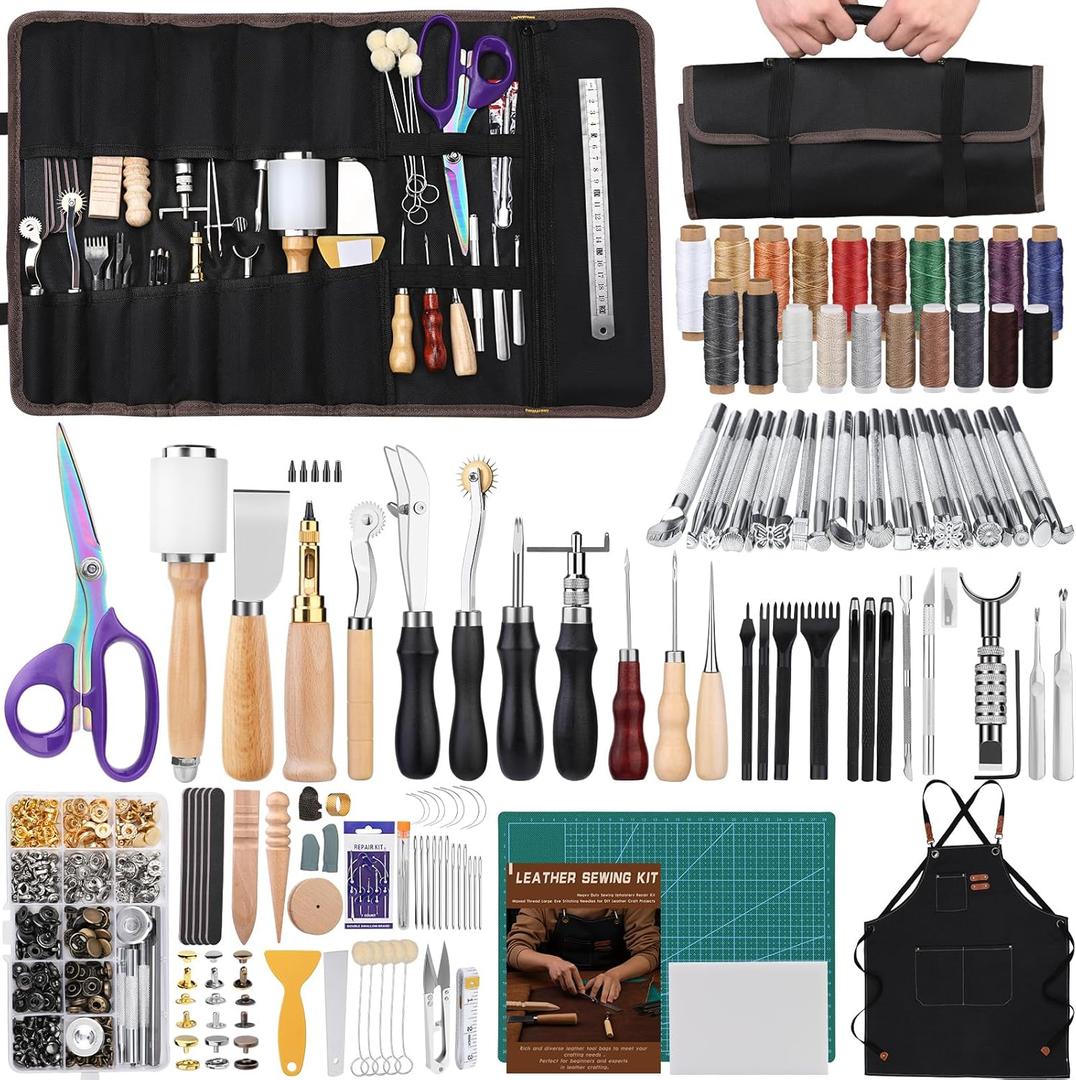 Tikjiua 456Pcs Leather Working Tools with Apron and Tooling Bag, Leather Craft Kit with Tools for Stamping, Carving, Sewing, Beveling, Cutting, Crafting