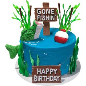 Fishing Cake Topper Gone fishing Cake with Bass Reed Happy Birthday Sign