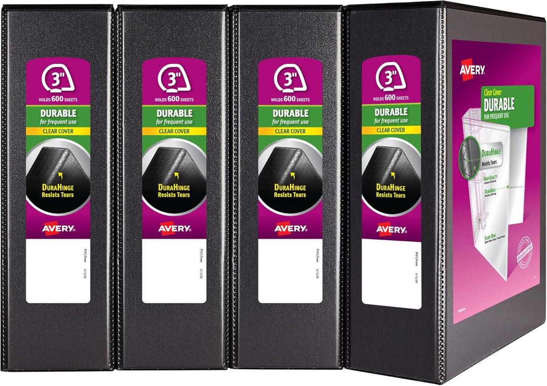 Avery Durable View 3 Ring Binder, 3 Inch Slant Rings, 4 Black Binders (17050)