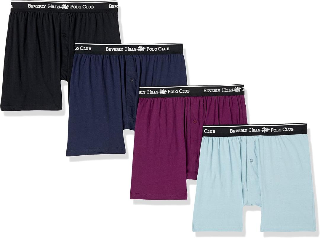 Beverly Hills Polo Club Men's 4 Pack Knit Boxer Short (Purple/Black/Navy/Light Blue) Small