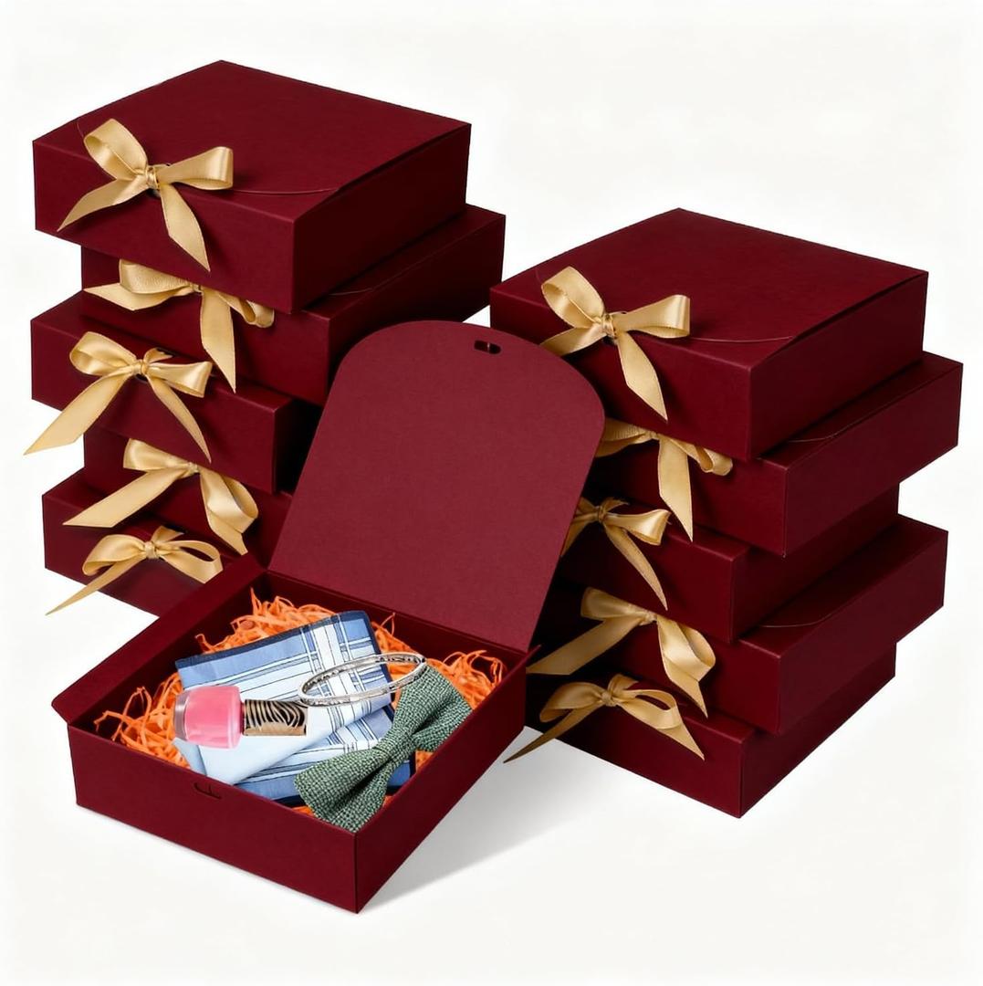 WLUSEAXI 10pack Gift Boxes with Lids, 6.5''x6.5''x2'' Red Gift Boxes For Presents, Paper Boxes with Ribbon for Birthday Wedding Party Chocolate Candy