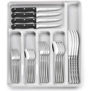 49-Piece Hammered Silverware Set with Organizer, Food-Grade Stainless Steel Flatware for 8, Cutlery Utensil Sets with Steak Knives, Rust-proof, Mirror Polished, Dishwasher Safe, Round Hammered