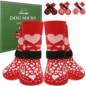 EXPAWLORER Dog Socks to Prevent Licking Paws, 4 Pcs Anti Slip Dog Socks with Grippers, Dog Shoes for Hardwood Floors, Dog Booties for Small Medium Large Senior Dogs, Red L (Large (4 Count), Valentine Red)