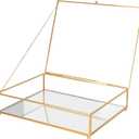 Large Glass Boxes for Display Handmade, Mirrored Bottom, Glass Jewelry Trinket Box with Lid, for Book, Photo, Keepsake Organizer, Display Case for Vanity Decor Home Dresser, Gold (Low: 10.4"L  8.5"W  2.6"H)