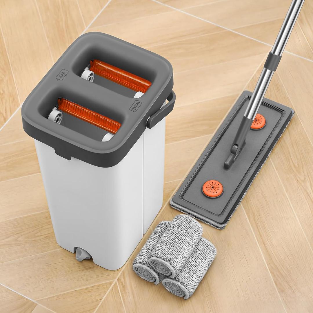 MOPALL Mop with Wringer Set for Home, Hands-Free Flat Mop and Set for Floor Cleaning and Window Wall Cleaner, Wet and Dry Mop with 61" Long Handle and 3 Microfiber Pads