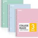 SUNEE Spiral Notebooks, 3 Pack, 1-Subject, College Ruled Paper, 8" x 10-1/2", 70 Sheets per Notebook, Assorted Pastel Colors Spiral Notebooks for School