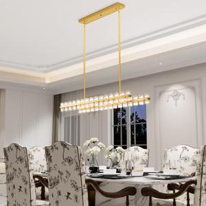 Gold Rectangular Crystal Chandelier Light Fixture 53.4 in Dining Room Chandelier Over Table Modern Farmhouse Ceiling Pendant Hanging Light Fixture for Living Room, Kitchen Island (Bulb not Included)