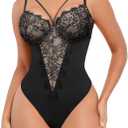 SHAPELLX Womens Lace Bodysuit for Large Bust Tummy Control Shapewear Backless Corset Top V Neck Thong Body Suits Shaper (Black) XXL
