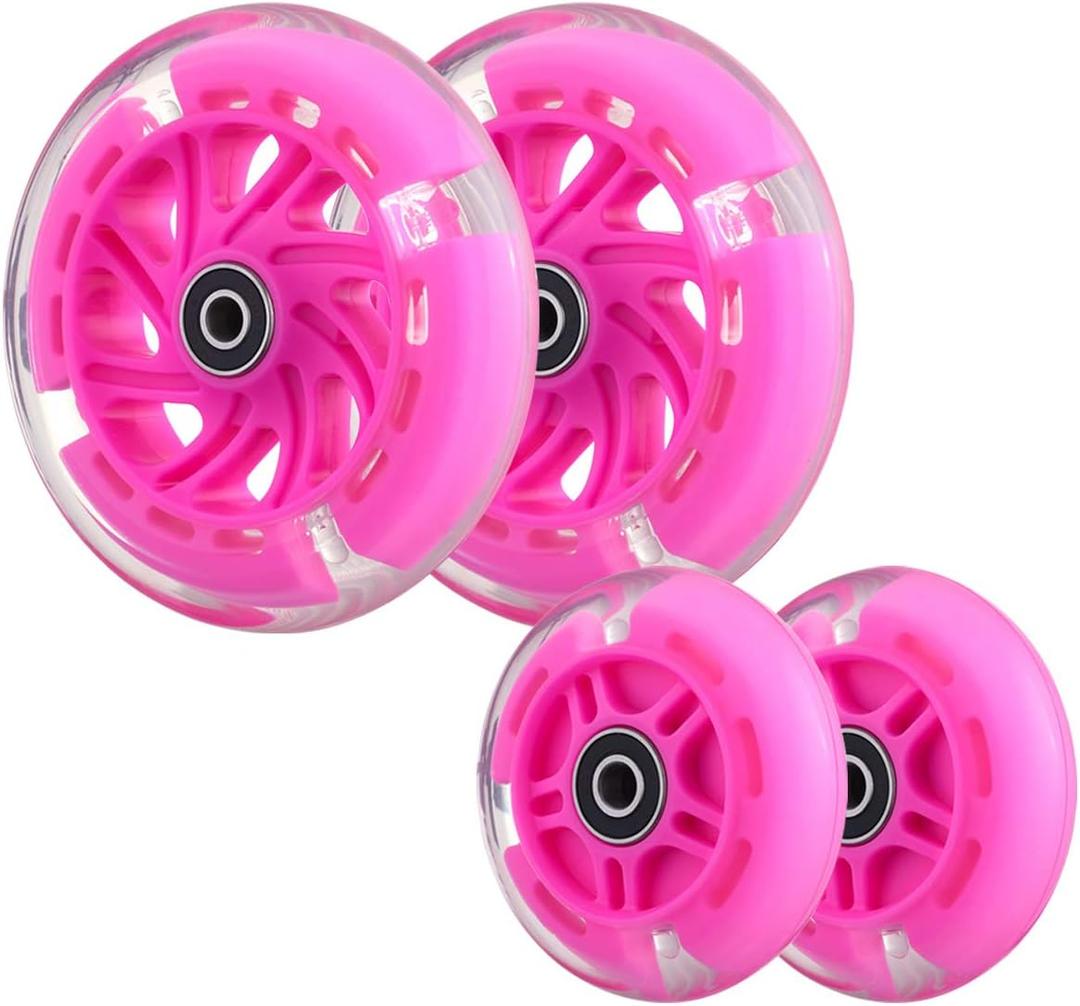 Front 120mm & Rear 80mm Light-Up Flashing 3-Wheeled kid Scooter Replacement Wheels, Complete Wheels Set for 3-Wheeled Kid Push Scooter, Set of 4 (Pink)