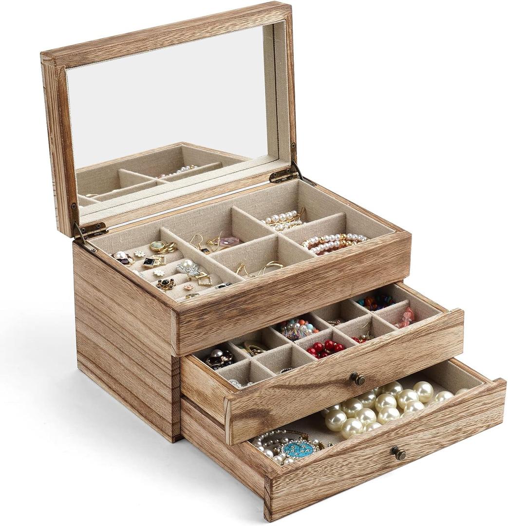 Meangood Jewelry Box Organizer for Women, 3 Layer Large Jewelry Storage Case, Rustic Wooden Jewelry Box with Mirror & Ring Tray for Necklace Earring Bracelets Rings, Vintage Style (Carbonized Black)