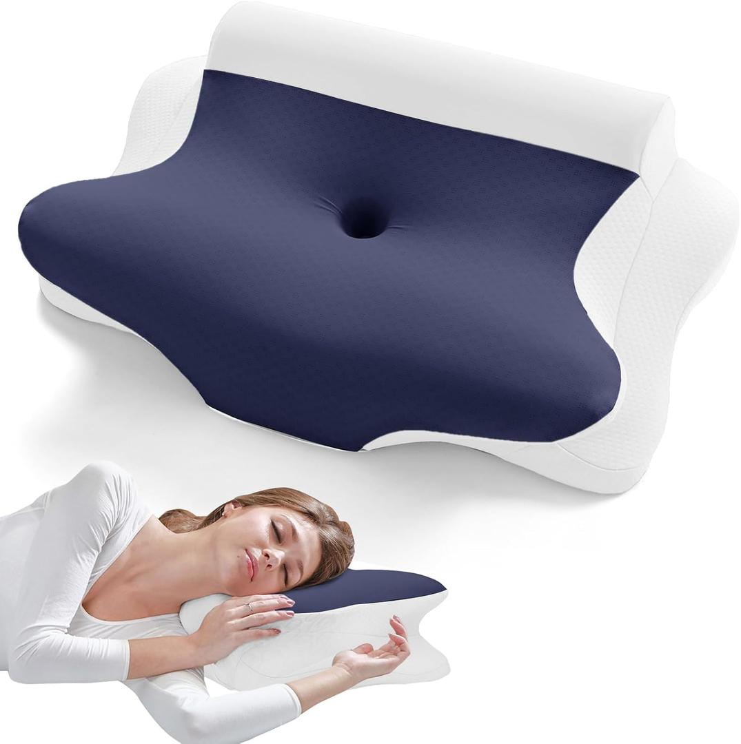 JOLLYVOGUE Cervical Neck Pillow - Contour Memory Foam Pillow for Neck Pain Relief with Cooling Pillowcase, Ergonomic Orthopedic Support for Side Back Stomach Sleepers, White & Dark Blue