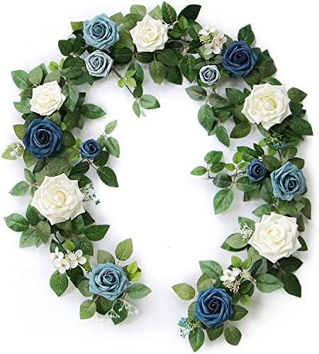 PONATIA 5FT Handcrafted Artificial Rose Flower Garland, Dusty Blue Flowers Greenery Garland for Wedding Ceremony Garlands Backdrop Arch Flowers, Ceremony Reception Table Decorations