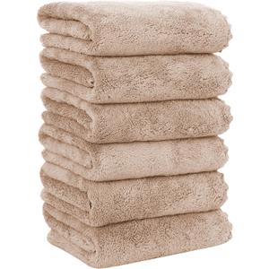 MOONQUEEN 6 Pack Premium Hand Towels - Quick Drying - Microfiber Coral Velvet Highly Absorbent Towels - Multipurpose Use as Hotel, Bathroom, Shower, Spa, Hand Towel 16 x 28 inches (Brown)
