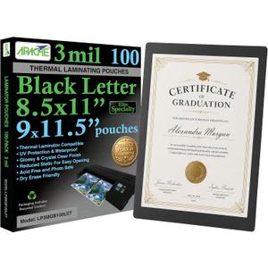 Apache Letter Size Black Back Laminating Pouches, 3 Mil, 100 Pack, Holds 8.5 x 11 Inch Projects (9 x 11.5 Inch Pouch Size), Thermal Laminator Compatible Colored Laminating Sheets, Elite Specialty Line