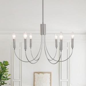 Modern Chandeliers for Dining Room, 6-Lights Vintage Farmhouse Chandeliers, Large Brushed Nickel Hanging Light Fixture for Dining Room Kitchen Island Living Room, 23.6" Diameter, Adjustable Height