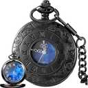 Tiong Pocket Watch Hollow Blue Star Design Roman Numerals Quartz with Chain Christmas Birthday Gifts