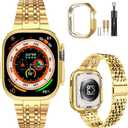 MioHHR Compatible with Apple Watch Band 49mm Ultra 3/2/1, Solid Stainless Steel Metal Strap Band for iWatch 49mm Series Ultra 3/2/1, Gold