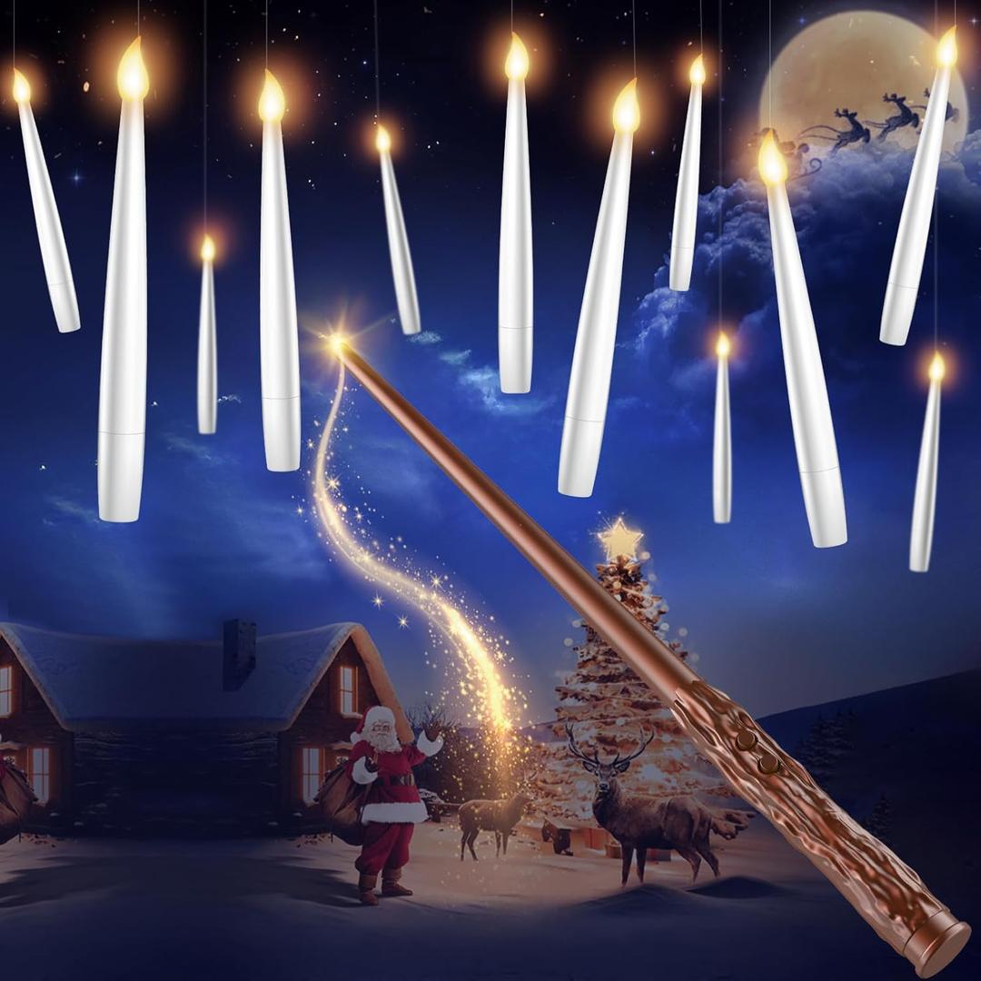 Floating Candles with Wand - 18 Pack Christmas Decorations Magic Flameless Candles Flickering Light Hanging Candle Remote with Glasses, Tie, Scarf, Battery Operated Candles for Christmas Party Decor