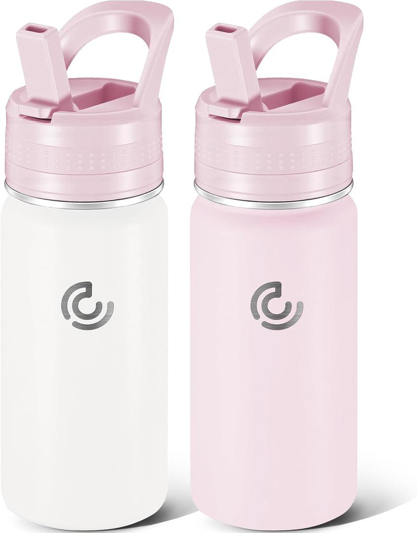 2 Pack Kids Water Bottle,14 Oz Stainless Steel Water Bottle with Straws, Leak-Proof, BPA-Free, Insulated Water Bottles for School Boys & Girls|Pink + White