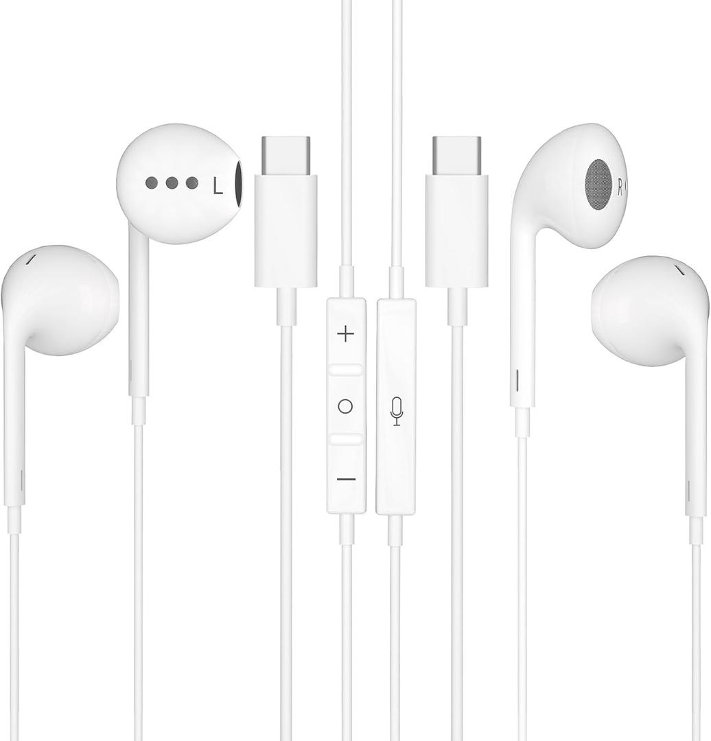 USB C Headphones 2 Pack, Wired Earbuds with Mic, Volume Control & Noise Cancelling, in-Ear Type C Earphone for iPhone 17 16 15 Pro Max,Samsung Galaxy S25,iPad,Laptop Pixel,All USB-C Devices (White)