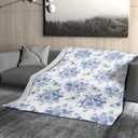 Blue White Floral Blanket 80"x60" Vintage Flower Butterfly Chinoiserie Pattern Design Print Throw Blanket Lightweight Warm Soft Blanket Farmhouse Seasonal Decor for Home Living Room Sofa Couch Bed