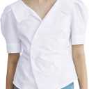 SUNNOW Women's Puff Sleeve Wrap Blouse Elegant Collar Top with Waist Tucks & Asymmetrical Design for Office and Date Night (White, L)