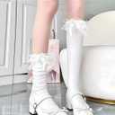 2 Pair White Cute Long Ruffle Knee High Lace Socks, Medias Blancas Altas Largas Para Nias (White)
