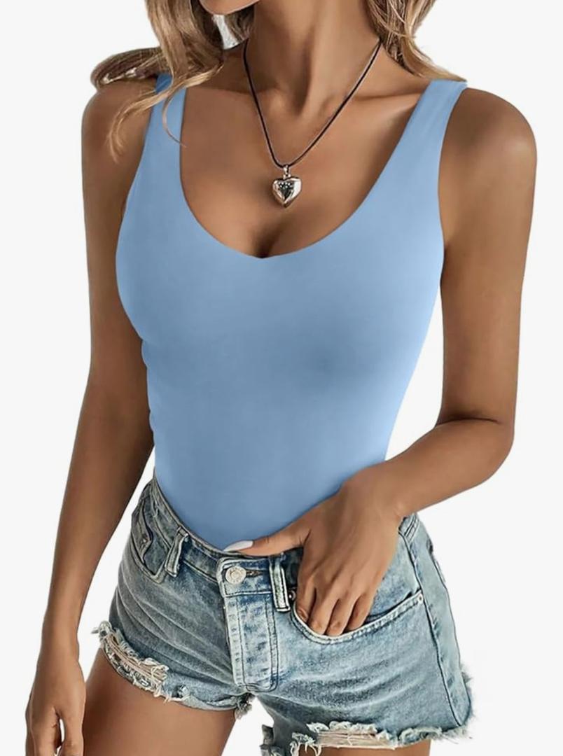 REORIA Butsmooth® Womens Sexy Deep V Neck Backless Sleeveless Double Lined Thong Bodysuits for Going Out S, Sky Blue