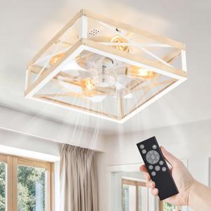 LEDIARY Caged Flush Mount Ceiling Fans with Lights and Remote, Farmhouse Square Low Profile Ceiling Fan, 6 Speed and Reversible, Small Rustic Bladeless Ceiling Fan for Bedroom, Kitchen, Dining Room