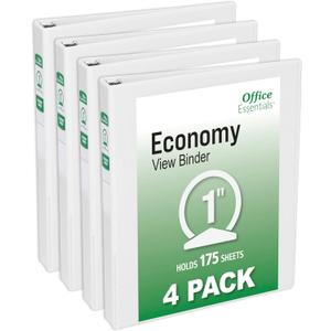 Office Essentials Economy View 3 Ring Binders, 1" Round Rings, 1.4" Spine, 175-Sheet Capacity, White Binders (4-Pack of 03126)