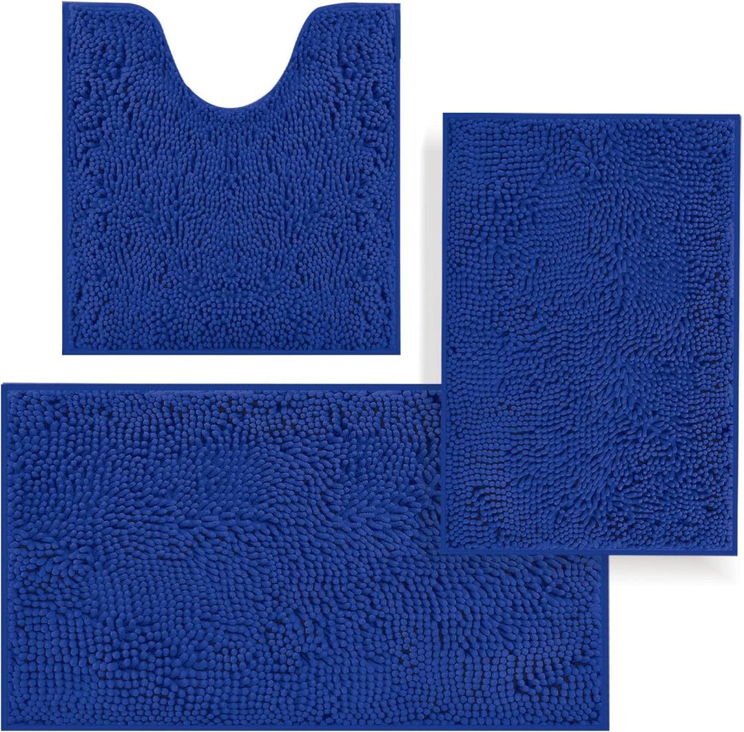 Bathroom Rugs Sets 3 Piece,Bath Mats for Bathroom Non Slip, Thick Chenille Bath Rug,Soft and Absorbent Shaggy Bathroom Mat Set, Machine Wash & Quick Dry Durable Carpet for Bath,Kitchen,Sapphire Blue