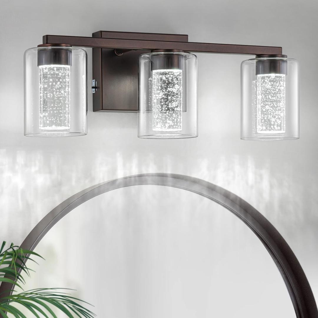 SineRise 3-Light Bronze Vanity Light with 3 Color Modes (3000K/4000K/6000K), Eye Protection LED Bathroom Light Fixture, Dimmable Modern Wall Light Over Mirror with Clear Glass Shade SineRise 3-Light Bronze Vanity Light with 3 Color Modes (3000K/4000K/6000K), Eye Protection LED Bathroom Light Fixture, Dimmable Modern Wall Light Over Mirror with Clear Glass Shade