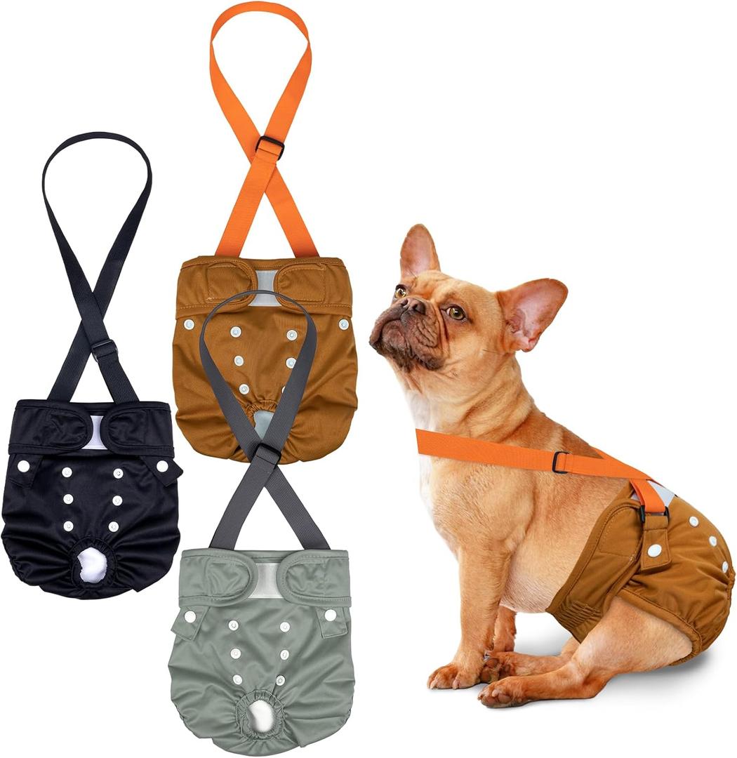 Pet Soft Dog Diapers Female with Suspenders, 3 Pack Reusable Female Dog Diapers for Heat, Dog Period Panties for Doggie in Cycle(Small, Deepcolor) (Small:10''-14'')
